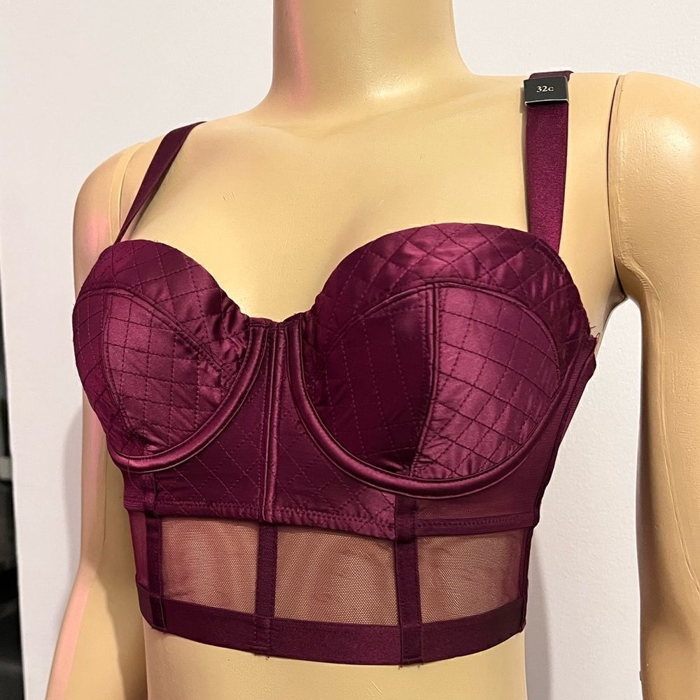 Victorias Secret Very Sexy Long Line Satin & Mesh Balconette Lined Bra wine 32C